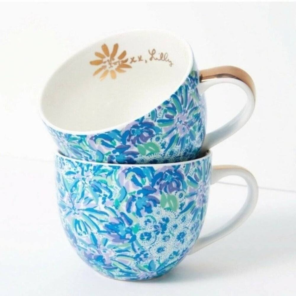 Lilly Pulitzer 12oz Ceramic Mugs Blue Floral Pair of 2